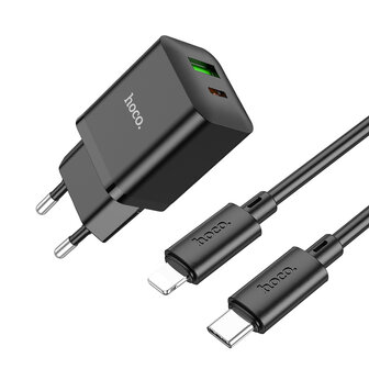 iPhone 12 Pro - Lightning Kabel naar Type C (1 Meter) &amp;amp; Dual Stekker (N28) - 20W - Zwart