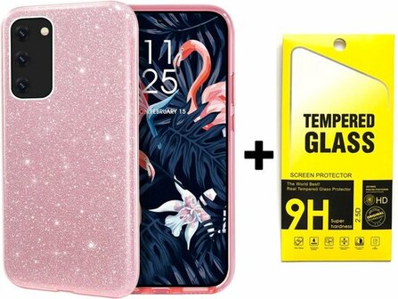 A32 4G - Glitter Back Cover &amp;amp; Glas - Roze