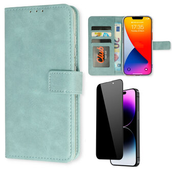 iPhone 15 Pro Max - Book Case &amp;amp; Privacy Glas - Licht Blauw