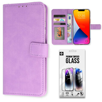 iPhone 15 Pro - Book Case &amp;amp; Glas - Paars