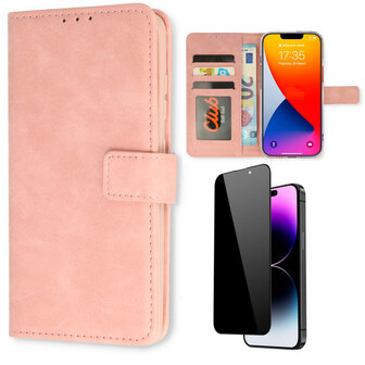 iPhone 15 Pro Max - Book Case &amp;amp; Privacy Glas - Baby Roze