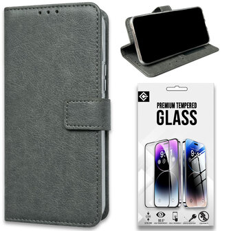 iPhone 15 Pro - Book Case &amp;amp; Full Glas - Grijs