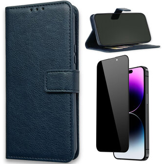 iPhone 15 Pro Max - Book Case &amp;amp; Privacy Glas - Blauw