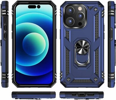 iPhone 14 Pro Max Blauw &amp;amp; 2X Glas - Armor met Kickstand Ring