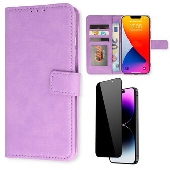 iPhone 15 Pro Max - Book Case &amp;amp; Privacy Glas - Paars