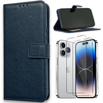 iPhone 15 Pro - Book Case &amp;amp; Full Glas - Blauw