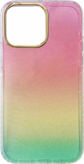 iPhone 14 Pro Max - Regenboog Glitter Back Cover - Roze &amp;amp; Geel