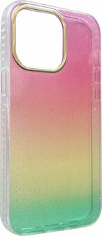 iPhone 14 Pro Max - Regenboog Glitter Back Cover - Roze &amp;amp; Geel