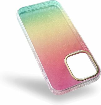 iPhone 14 Pro Max - Regenboog Glitter Back Cover - Roze &amp;amp; Geel