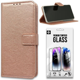 iPhone 15 Pro - Book Case &amp;amp; Glas - Rosegoud