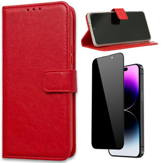 iPhone 15 Pro Max - Book Case &amp;amp; Privacy Glas - Rood