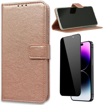 iPhone 15 Pro Max - Book Case &amp;amp; Privacy Glas - Rosegoud