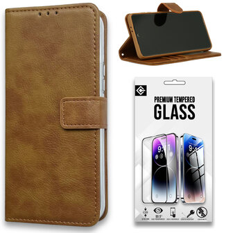 iPhone 15 Pro - Book Case &amp;amp; Full Glas - Bruin