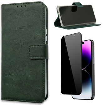 iPhone 15 Pro Max - Book Case &amp;amp; Privacy Glas - Groen