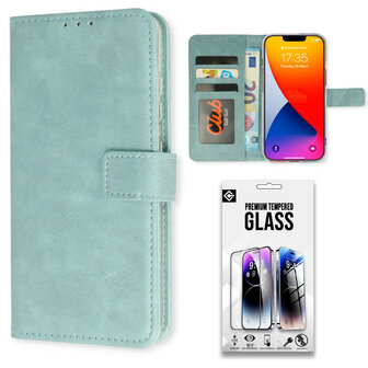 iPhone 15 Pro - Book Case &amp;amp; Full Glas - Licht Blauw