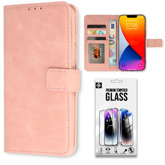 iPhone 15 Pro - Book Case &amp;amp; Full Glas - Baby Roze