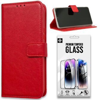 iPhone 15 Pro - Book Case &amp;amp; Full Glas - Rood