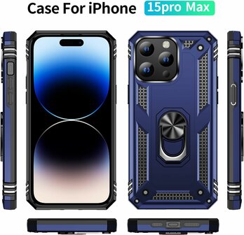 iPhone 15 Pro Max Blauw - Armor met Kickstand Ring