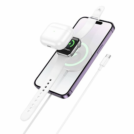 Hoco 3 in 1 iPhone Draadloze Lader - Watch - AirPods Oplader - 1.2m Type C - Wit