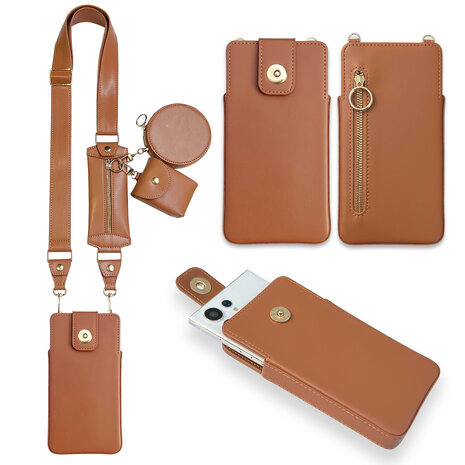 iPhone 15 Pro Bruin - Schouder Tas - Rits &amp; Koord