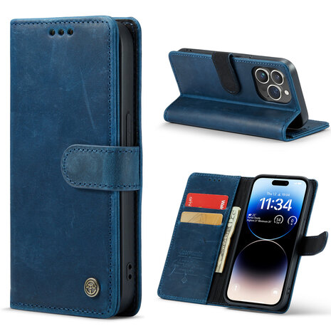 iPhone 14 Pro Max Blauw - Lederen Book Case