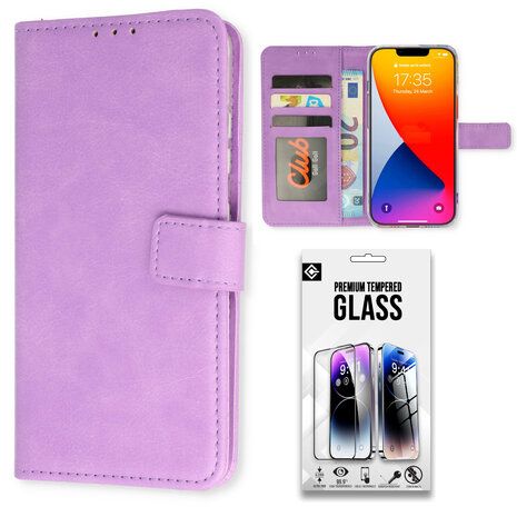 iPhone 15 Pro - Book Case &amp; Glas - Paars