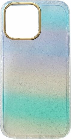 iPhone 14 Pro Max - Regenboog Glitter Back Cover - Blauw