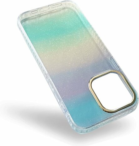 iPhone 14 Pro Max - Regenboog Glitter Back Cover - Blauw