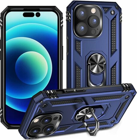 iPhone 14 Pro Max Blauw - Armor met Kickstand Ring