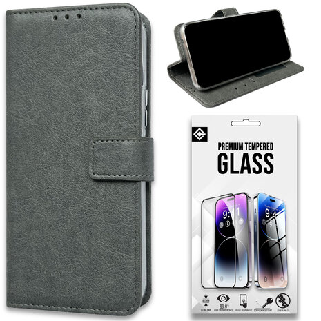 iPhone 15 Pro - Book Case &amp; Full Glas - Grijs