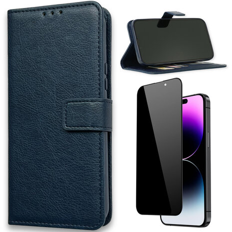 iPhone 15 Pro Max - Book Case &amp; Privacy Glas - Blauw