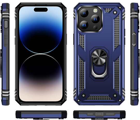 iPhone 15 Pro Blauw &amp; Glas - Armor met Kickstand Ring