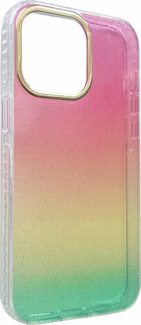 iPhone 14 Pro Max - Regenboog Glitter Back Cover - Roze &amp; Geel