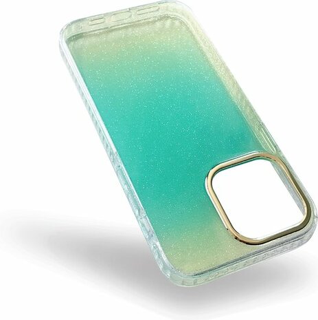 iPhone 14 Pro Max - Regenboog Glitter Back Cover - Turquoise