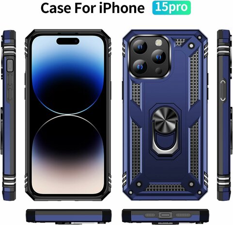 iPhone 15 Pro Blauw - Armor met Kickstand Ring