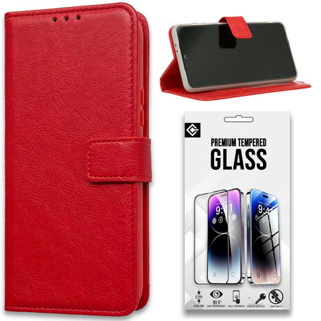 iPhone 15 Pro - Book Case &amp; Full Glas - Rood