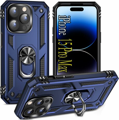 iPhone 15 Pro Max Blauw - Armor met Kickstand Ring