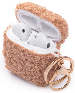 AirPods 1 &amp; 2 - Bruin - Schokbestendig Teddy Furr Cover met Ring &amp; Sleutelhanger